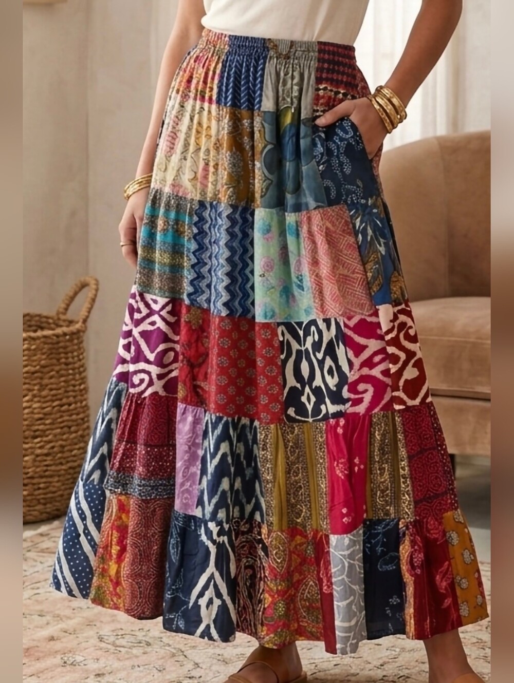 Hand Crafted Multicolor Patchwork Boho Maxi Skirt